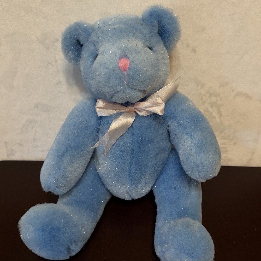 Baby Blue Sitting Teddy Bear Diamond Plush Toys Bow Stuffed Animal Sparkle Fur